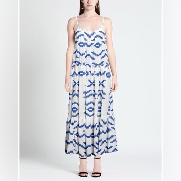 Greek Archaic Kori White Blue Maxi Sleeveless Dress Size XS -  threedaughtersproperties.com